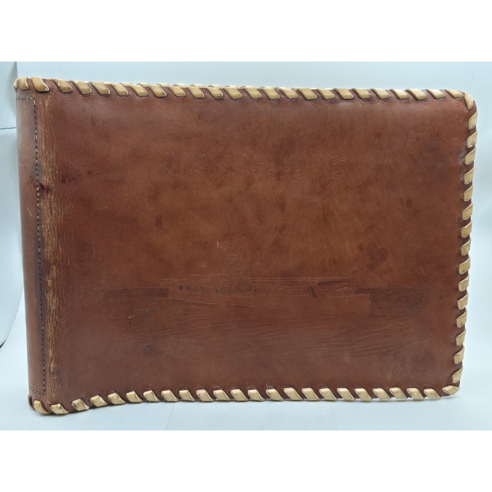 Vtg Hand Tooled Leather Photo Album Book USS Carot Navy‎ Aircraft Military